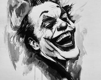 The Joker Laughing Ink painting 24”x30” in watercolor paper by Gamalier Bravo
