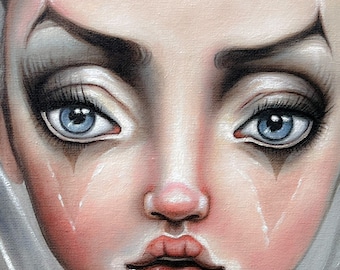 FHDolls Original Oil Painting Pop Surrealism Art , Big Eyes , Lowbrow , Goth , Creepy Cute Colorful Victorian Clown Girl DollIllustration