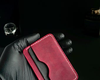 Handmade Crazy Horse Leather Card Holder, Minimalist Slim Wallet, Rustic Stitched Case