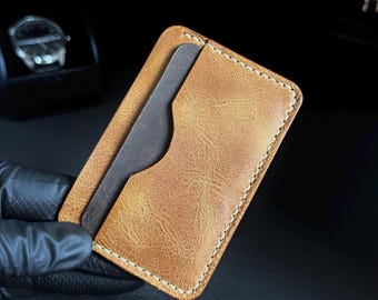 Handmade Crazy Horse Leather Card Holder, Minimalist Slim Wallet, Rustic Stitched Case