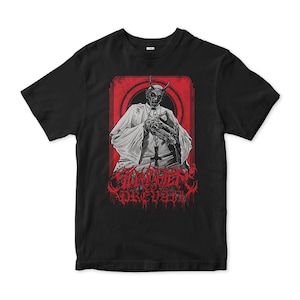 May include: Black t-shirt featuring a graphic of a demonic figure in a papal robe, set against a red backdrop. The design includes the text "Slaughter to Prevail" in a stylized, gothic font.