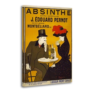 Puede incluir: Cartel vintage de Absenta con un hombre con sombrero de copa y una mujer con sombrero rojo, ambos sentados a una mesa. El cartel tiene texto en francés, incluyendo "J. Édouard Pernot" y "Liqueur Mont-Christ", sobre un fondo amarillo.