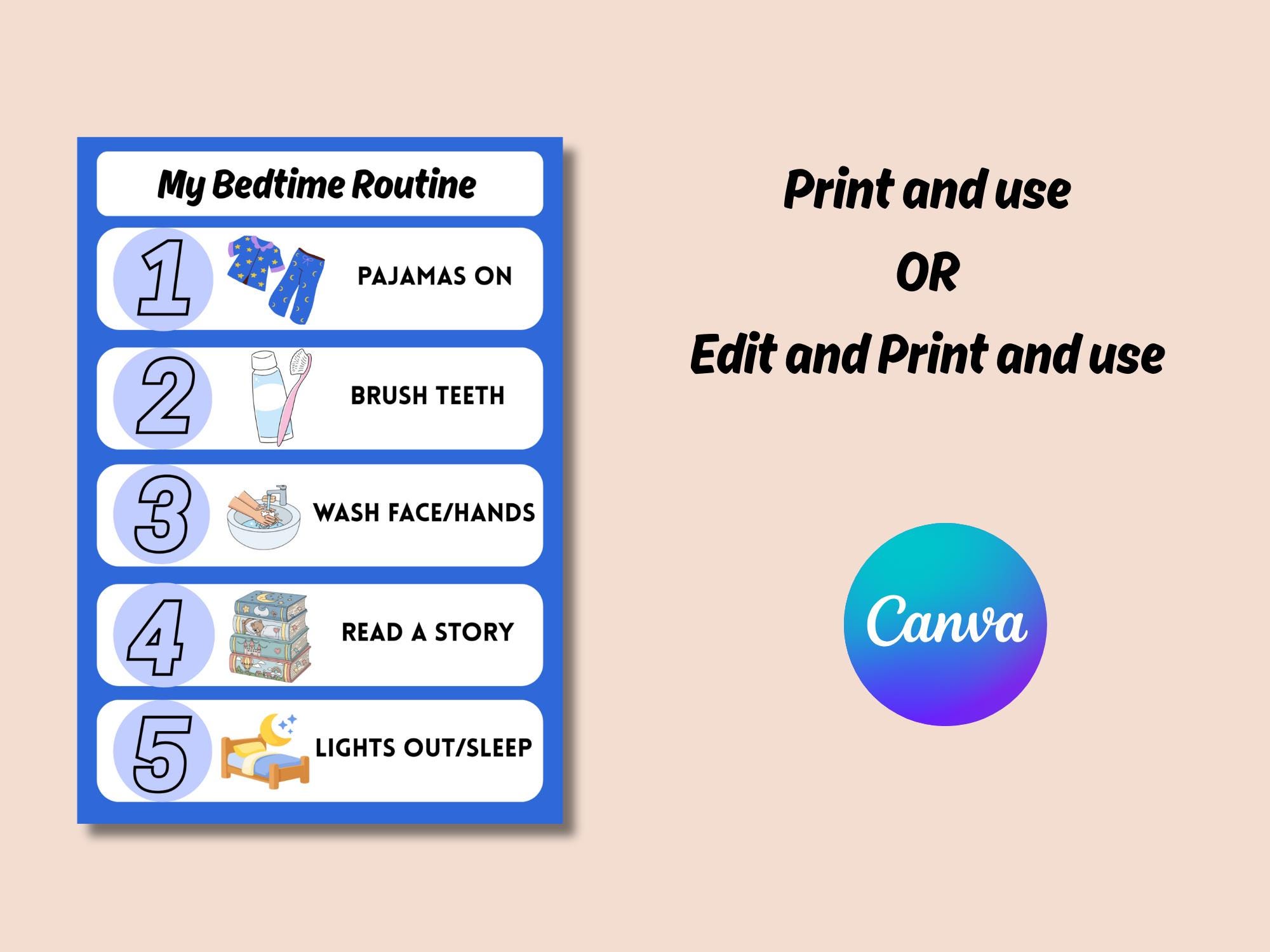 Editable Bedtime Routine Chart for Kids | Visual Schedule (instant ...