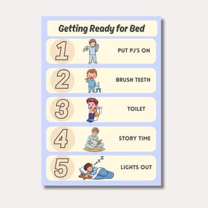 May include: A bedtime routine chart with illustrations and text. The chart includes steps like putting on pajamas, brushing teeth, using the toilet, story time, and lights out. The background is light blue with white text.