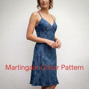 May include: A blue floral print dress with spaghetti straps and a V-neck. The dress has a knee-length hemline and a fitted bodice. The text "Martingale Collar Pattern" is written in red at the bottom of the image.