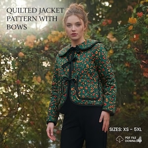 May include: A green quilted jacket with a floral pattern and black bows. The jacket has a rounded collar and pockets. The text "QUILTED JACKET PATTERN WITH BOWS" is at the top left. Sizes XS - 5XL are listed.