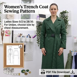 May include: A dark green trench coat with a black buckle belt, wide lapels, and long sleeves. Text reads: Women's Trench Coat Sewing Pattern, Ladies Sizes 0/2 to 28/30. For Unisex, choose size by chest measurement. Includes a PDF download icon.