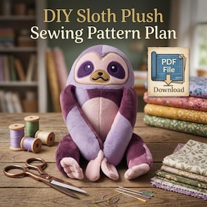 May include: A plush sloth toy with purple and pink fur, sitting among sewing supplies including spools of thread, metal scissors, needles, and fabric stacks. Text reads: DIY Sloth Plush Sewing Pattern Plan and PDF File Download.