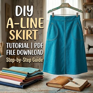 Puede incluir: Una falda en A turquesa con grandes bolsillos redondeados cuelga de una percha de madera. La imagen incluye el texto "DIY A-LINE SKIRT TUTORIAL | PDF FILE DOWNLOAD Step-by-Step Guide". Una pila de muestras de tela coloridas y un cuaderno están sobre la mesa.