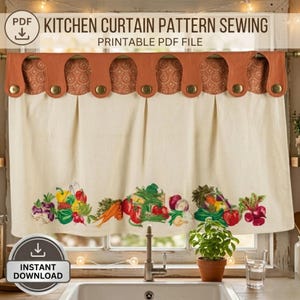 May include: A kitchen curtain featuring a scalloped top border in solid burnt orange with a geometric pattern, accented by buttons. The off-white fabric displays a colourful print of various vegetables including carrots, peppers, and beets.