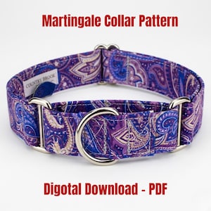 May include: A purple and blue paisley Martingale collar with silver hardware. The collar features a repeating pattern of floral and geometric shapes. The text "Martingale Collar Pattern" and "Digital Download - PDF" are displayed.