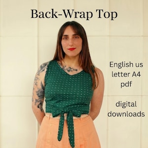 May include: A green back-wrap top with white polka dots and a tie closure. The top is paired with peach-colored shorts. Text on the image reads "Back-Wrap Top" and "English us letter A4 pdf digital downloads."