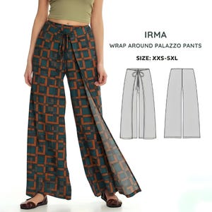 May include: Irma wrap around palazzo pants with a geometric square pattern in dark teal and burnt orange. The pants feature a tie-waist closure and a wide-leg silhouette. Text on the image reads: IRMA WRAP AROUND PALAZZO PANTS SIZE: XXS-5XL.
