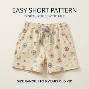 Könnte beinhalten: Beige Shorts mit nautischem Muster aus Kompassen, Ankern und Karten. Die Shorts haben einen Kordelzug in der Taille und Taschen. Der Text auf dem Bild lautet "EASY SHORT PATTERN" und "DIGITAL PDF SEWING FILE". Größe: 1 bis 8 Jahre.