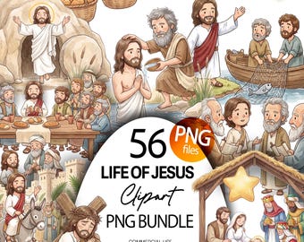 Paquete de imágenes prediseñadas PNG de historias bíblicas de la vida de Jesús. Lindas ilustraciones bíblicas en acuarela para niños, ideales para la escuela dominical, la escuela cristiana y la guardería.