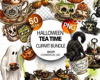 Halloween tea time party Clipart PNG Bundle set spooky tea party graphics illustrations witchy cute ghost teapot spooky cake cookies muffins
