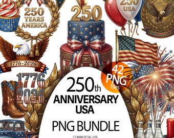 Paquete de imágenes prediseñadas del 250 aniversario de Estados Unidos, conjunto PNG retro patriótico del 4 de julio de EE. UU., fondo transparente de los 250 años de EE. UU., descarga digital