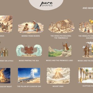 May include: A collection of watercolor illustrations depicting biblical scenes, including the Exodus, Moses parting the sea, and the Israelites building the Tabernacle. The images are labeled with titles such as "Mount Sinai" and "Egyptian Palace."