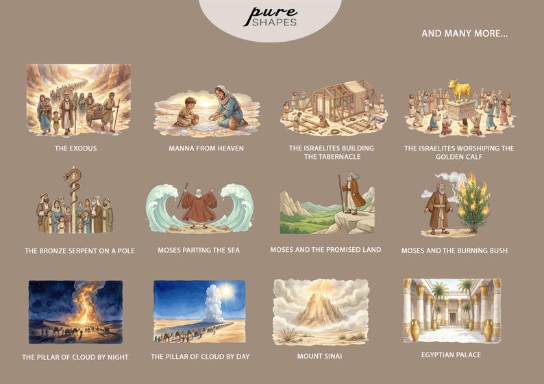 May include: A collection of watercolor illustrations depicting biblical scenes, including the Exodus, Moses parting the sea, and the Israelites building the Tabernacle. The images are labeled with titles such as "Mount Sinai" and "Egyptian Palace."