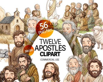 12 Apostles clipart PNG bundle Jesus and 12 Disciples set illustrations Bible saints characters Sunday school story for kids New Testament