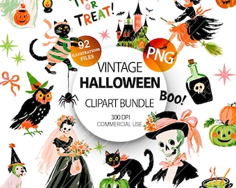 Vintage Halloween Clipart PNG Bundle Retro spooky Ephemera Graphics naive art set Scrapbooking Commercial use gothic junk journal digital