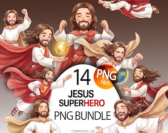 Paquete de imágenes prediseñadas de Jesús superhéroe archivo png cristiano Dios héroe de acción salvador gráficos escuela dominical Biblia ilustración digital uso comercial
