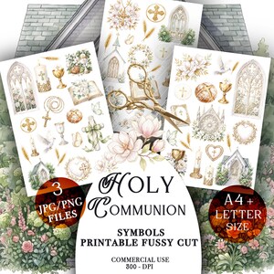 May include: Three printable Holy Communion themed JPG/PNG files with various religious symbols, including crosses, chalices, and churches. The files are A4+ letter size and designed for fussy cutting. The image also includes the text "Holy Communion Symbols Printable Fussy Cut".