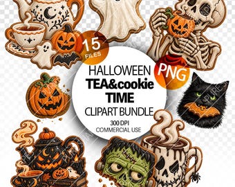 Halloween Tea time Clipart Tea spooky sweets halloween party designs PNG graphics cookies zombie cookie pumpkin transparent background