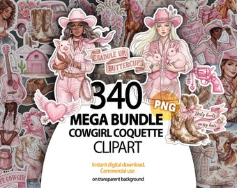 Mega paquete de imágenes prediseñadas de vaquera occidental, PNG de estética coqueta, gráficos de hola rosa, ilustración de vaquera bohemia, descarga digital para uso comercial