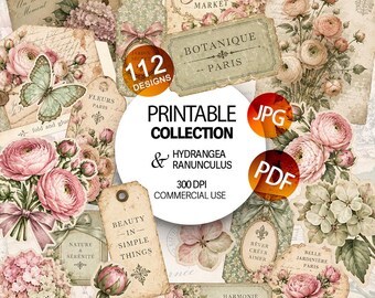 printable kit fussy cut Hydrangea and Ranunculus Digital kit tags sheets stickers clipart for Junk Journal Scrapbooking Instant download