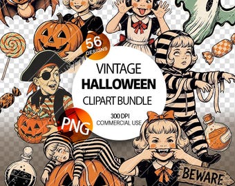 Vintage Halftone Halloween Clipart designs PNG retro spooky digital stickers cute spooky kids orange black illustration digital download