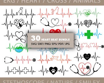 Paquete de 30 SVG de pulso y latido de estetoscopio médico, clipart de línea de vida de enfermera de ECG, archivos de corte de médico para Cricut, clipart médico DXF, eps, png, PDF