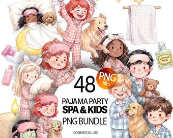 Cute Pajama party SPA day kids Clipart PNG Bundle set watercolor girls and boys in pajama slumber party sleepover pajamas self care beauty