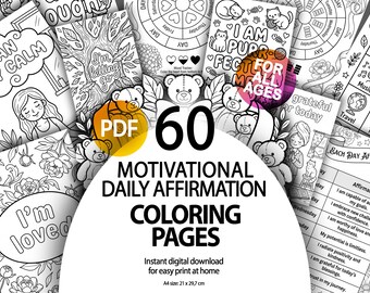 Afirmación motivacional diaria (60 páginas para colorear), amor propio, descarga digital en PDF para imprimir, escala de estado de ánimo, meditación consciente, citas de sanación.