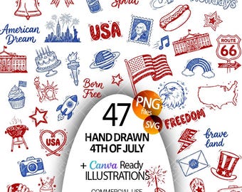 Dibujos patrióticos estadounidenses del 4 de julio, ilustraciones dibujadas a mano, imágenes prediseñadas en formato PNG y SVG, compatibles con Canva, 250 imágenes del aniversario de EE. UU.