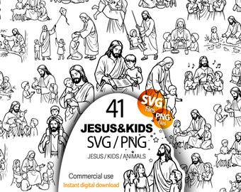 Jesús con niños SVG paquete PNG, Jesús niños Clipart, Escuela dominical cristiana, Descarga digital religiosa, Cricut, Arte bíblico, Sublimación
