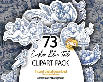 Ángeles de Pascua en Toile de Jouy azul, clipart PNG, conejito de Pascua, huevos, animales, gráficos florales de primavera, diario, scrapbooking, digital