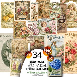 以下が含まれることがあります： Best Seeds、Botanical Catalogue、Holland Seedsなどのテキストと、花や子供のイラストが描かれた、ヴィンテージスタイルの種袋ボタニカルエフェメラデザイン34種セット。PDF、PNG、JPGファイルを含むデジタルバンドルとして提供。