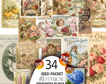 Paquetes de semillas vintage, imágenes florales, láminas, diarios de recortes, papeles para collage, hojas imprimibles, anuncios, letreros, catálogos, flores, jardín, digital JPG
