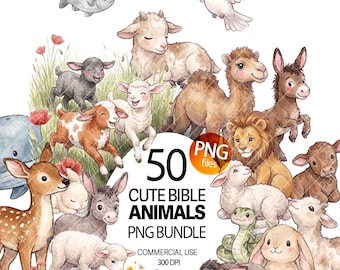 Lindos animales bíblicos en acuarela, paquete de imágenes prediseñadas PNG, ilustraciones de animales para guardería infantil, arca de Noé, oveja cristiana, león, burro, paloma.
