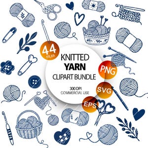 Può includere: Un pacchetto di clipart digitali con illustrazioni a linee blu scuro di gomitoli di lana, uncinetti, ferri da maglia, forbici, bottoni, spille da balia, cuori e rami frondosi, con il testo centrale KNITTED YARN CLIPART BUNDLE.