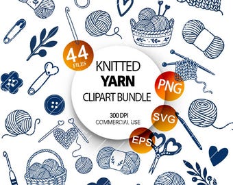Knitting Yarn Clipart Minimalist vector PNG SVG EPS file knitted yarn ball crochet hook hand drawn mediterranean navy doodle hand drawn wool