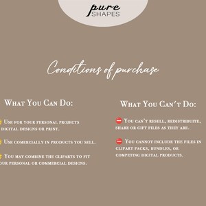 May include: A tan background with the text "pure SHAPES" at the top. The words "Conditions of purchase" are written in cursive. The text details what you can and cannot do with the product, including personal and commercial use.