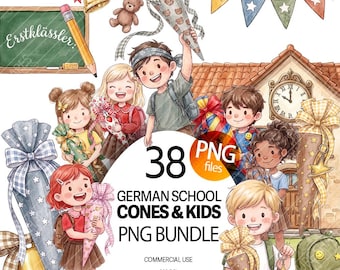 Conjunto de imágenes prediseñadas de Schulkind, escuela alemana, cono y niños, ilustraciones PNG de conos, primer día de clases, uso comercial, descarga digital