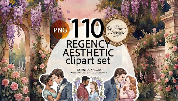 Bridgerton clipart regency aesthetic romance png on transparent background planner stickers journal kit printable digital instant download