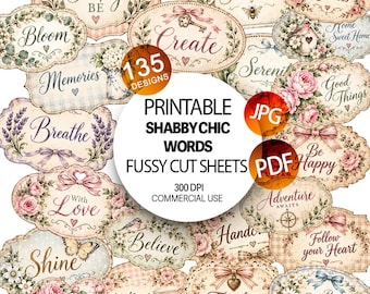 Shabby Chic Words Scrapbook Printable Clipart Bundle Cute vintage Labels Phrases Junk Journal Ephemera Kit Floral JPG PDF sheets fussy cut