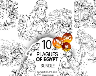 10 plagen van Egypte SVG AI PNG bundelbestanden digitale direct download Egyptische Mozes plagen vector omtrek lineaire zwarte illustraties