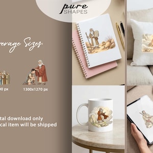 May include: An assortment of items featuring religious illustrations. Includes a notebook, pillow, mug, and digital tablet. The images depict biblical scenes and figures. The text on the image says "Average Sizes" and "Digital download only. No physical item will be shipped."