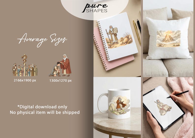 May include: An assortment of items featuring religious illustrations. Includes a notebook, pillow, mug, and digital tablet. The images depict biblical scenes and figures. The text on the image says "Average Sizes" and "Digital download only. No physical item will be shipped."