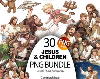 Jesús y los niños, y paquete de imágenes prediseñadas PNG para niños, Biblia para niños, ilustraciones para la escuela dominical, bíblico, Dios para niños, descarga digital
